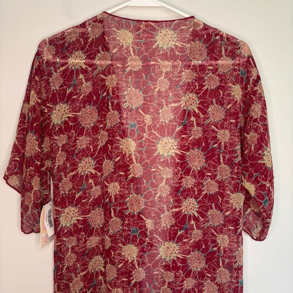 LULAROE NEW Monroe Women Small Tan Burgundy Fringe Wrap Open Front Kimono - Picture 3 of 6